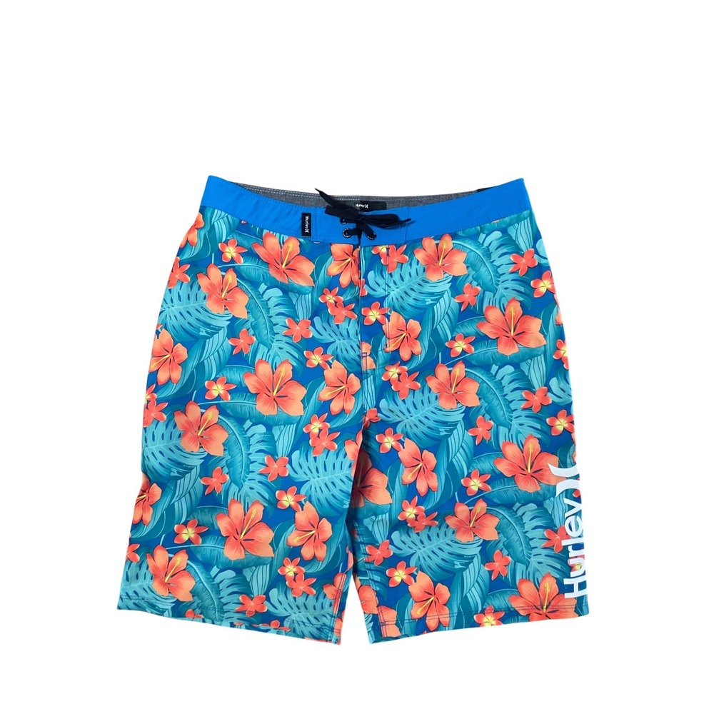 Hurley Boys Board Shorts Neptune Blue Tropical Floral Swim Trunks Size 18/29